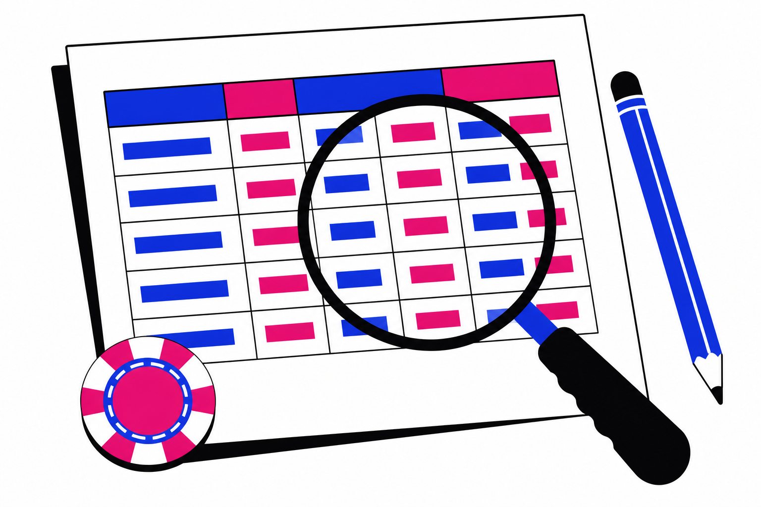 Flat illustration of a magnifying glass over a printed comparison table
