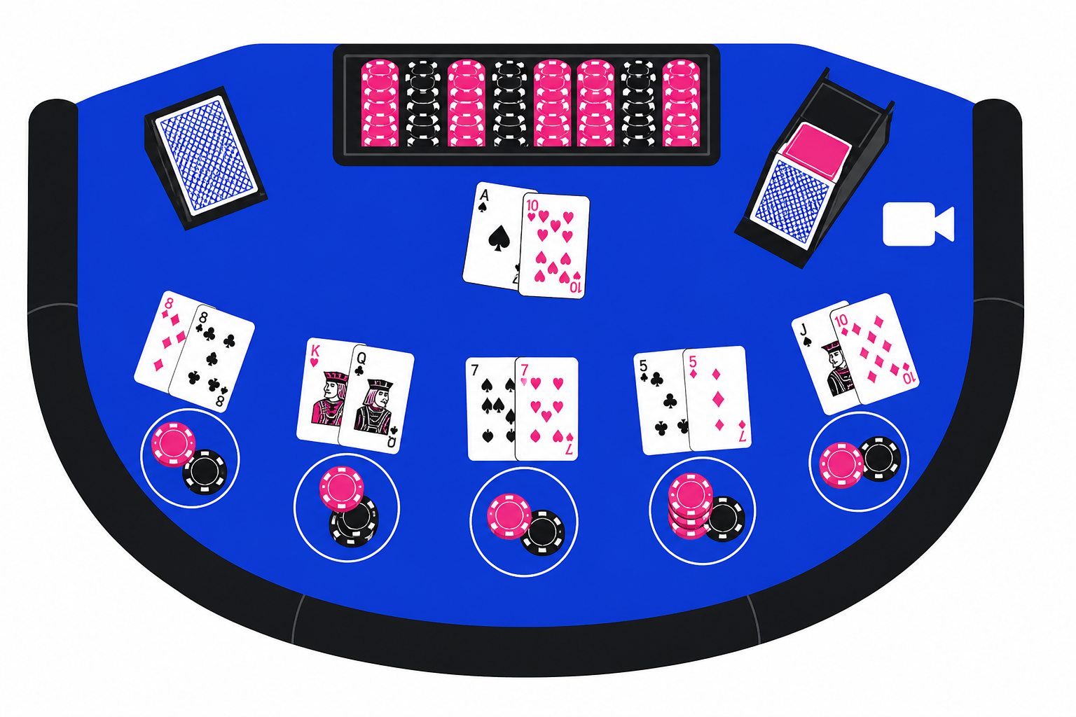Flat illustration of a blackjack table seen from above with cards and chips