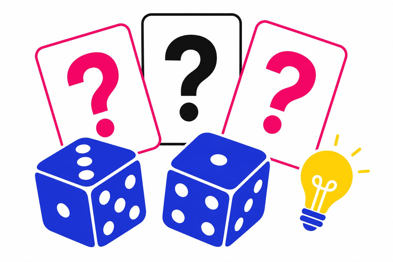 Flat illustration of dice, question-mark cards and a lightbulb