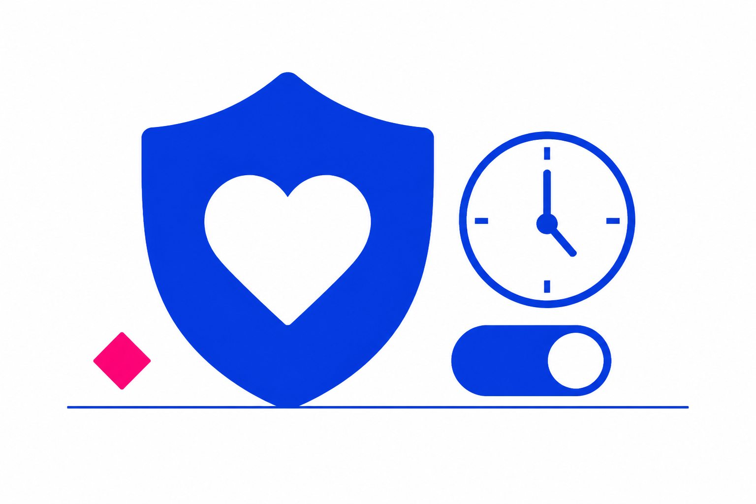 Flat illustration of a shield with a heart, a clock and a toggle switch