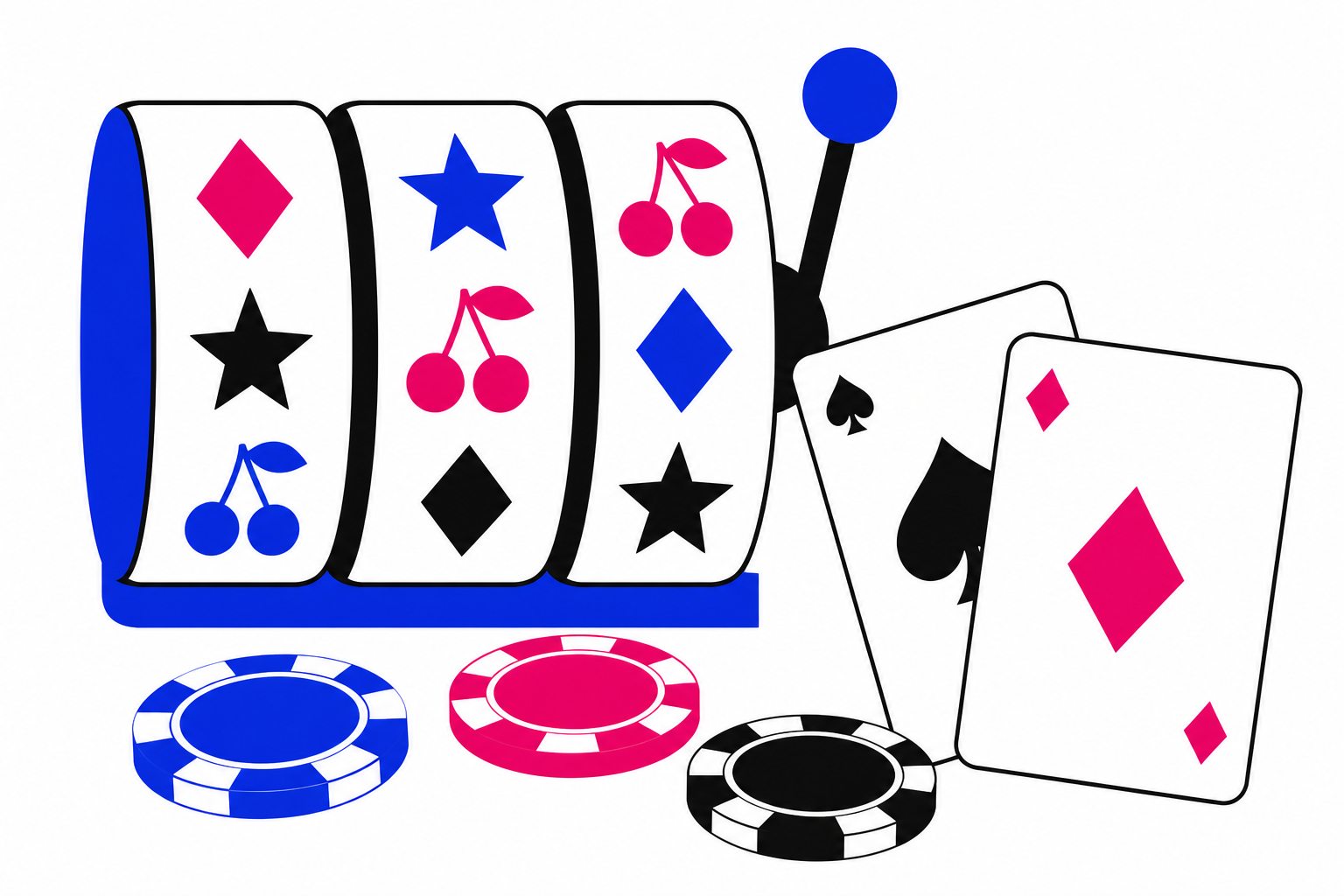 Flat illustration of slot reels, playing cards and casino chips in blue and magenta